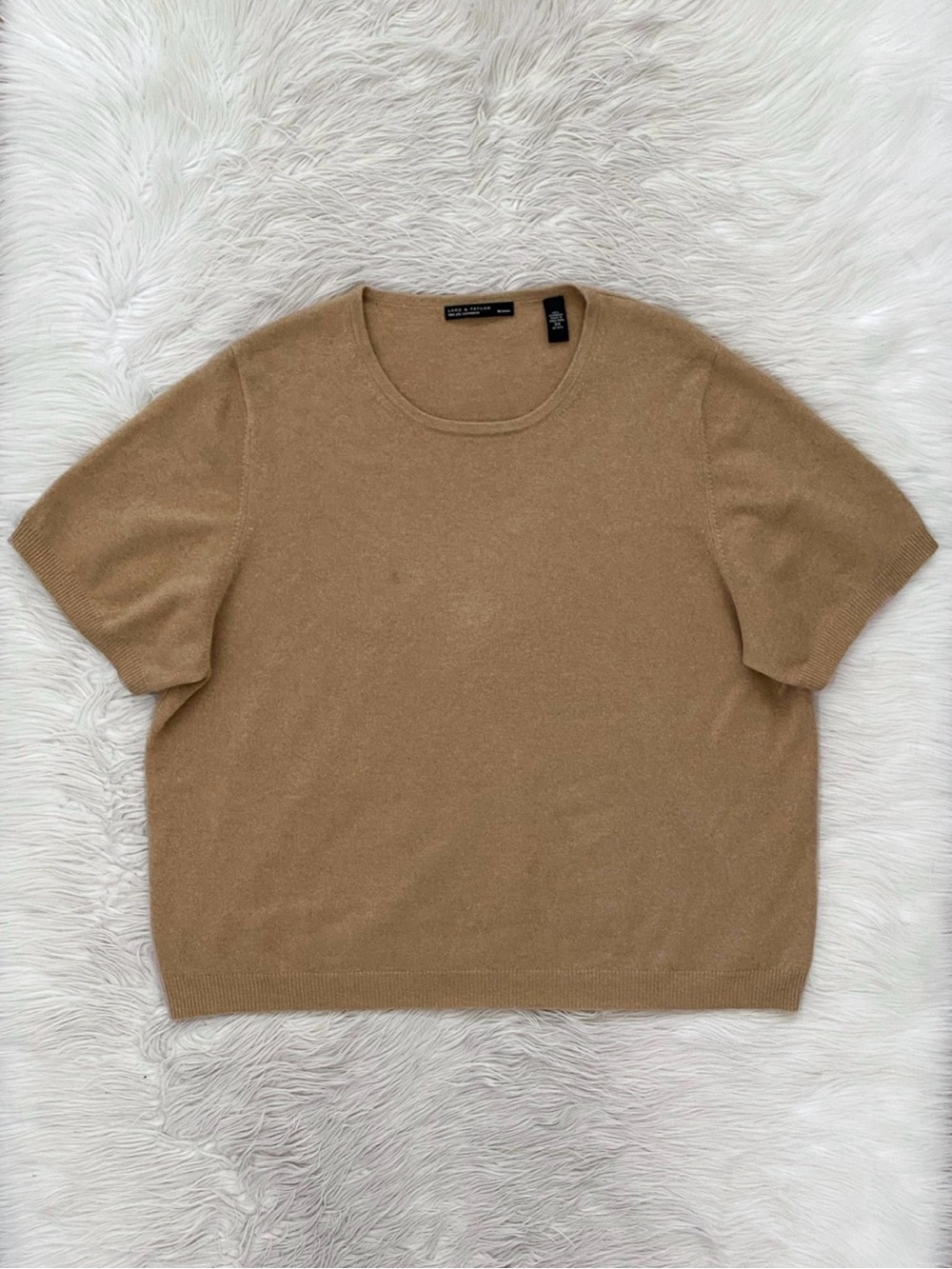 Lord & Taylor 100% Cashmere Tan Short Sleeve Sweater Vintage Two Ply Cashmere